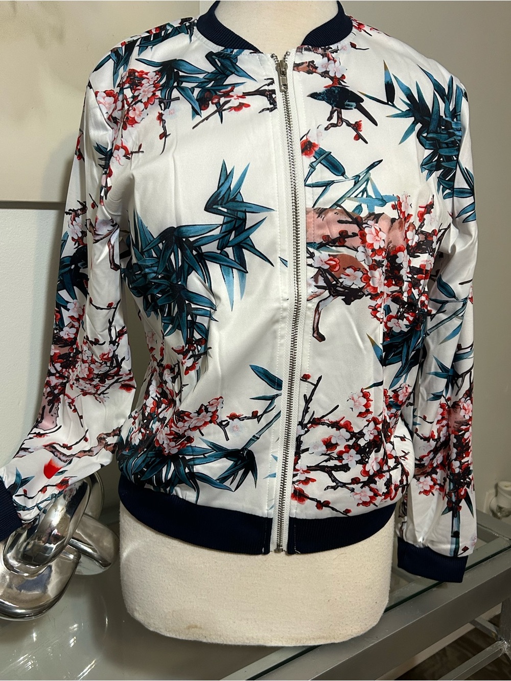 Floral Satin Bomber Jacket - White with Teal & Pink Print